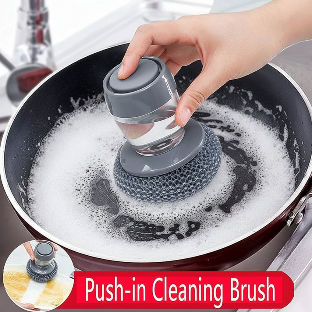 Push-in cleaning brush being used to clean a soapy pan with a close-up inset showing the brush.