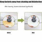 Before and after cleaning images with a green arrow showing the reduction in bacteria.