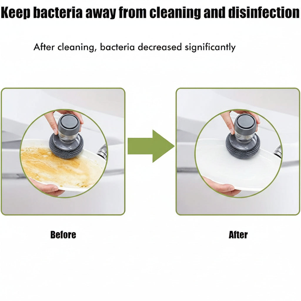 Before and after cleaning images with a green arrow showing the reduction in bacteria.