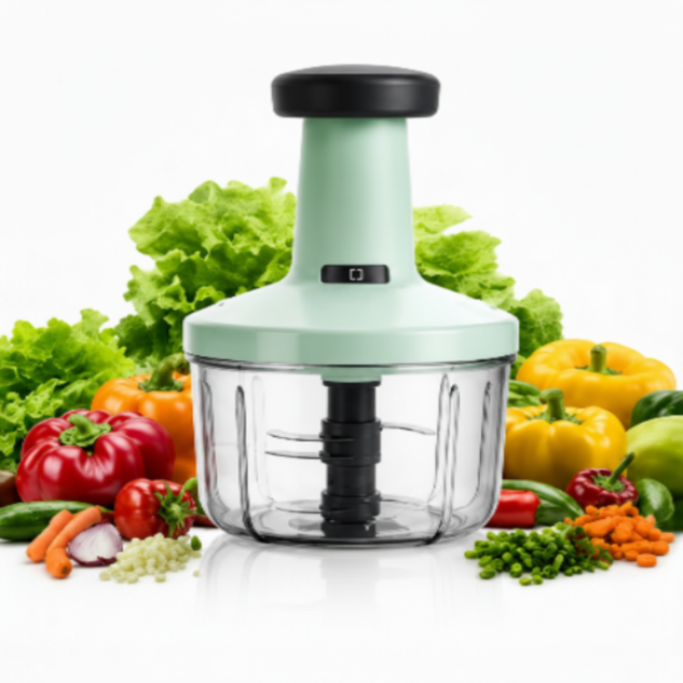 A countertop electric food chopper with a mint green body and black handle, surrounded by fresh vegetables including lettuce, bell peppers, carrots, onions, and peas on a white background.