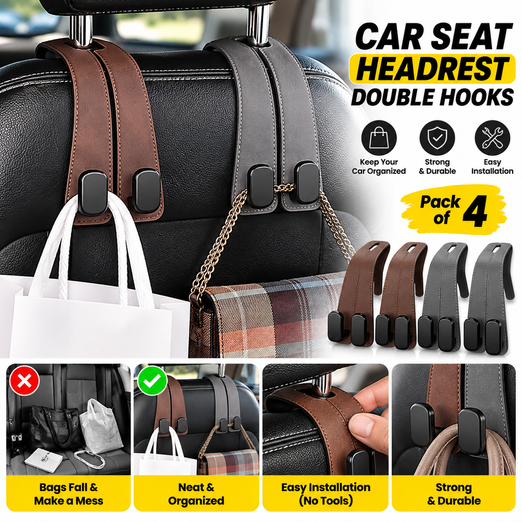 Aethel™ Car Headrest Bag Hook | Holds upto 20 Kg | Pack of 4