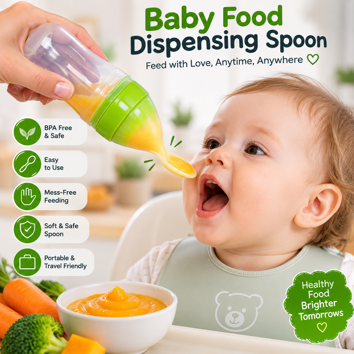Baby being fed puree with the Baby Food Dispensing Spoon